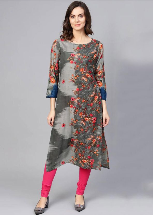 Grey Readymade Floral Print Kurta Set