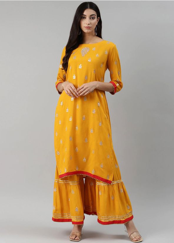 Yellow Gota Patti Embroidered Kurta Gharara Set