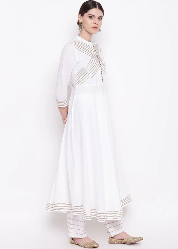 White Gota Patti Laced Flared Long Kurta With Pant