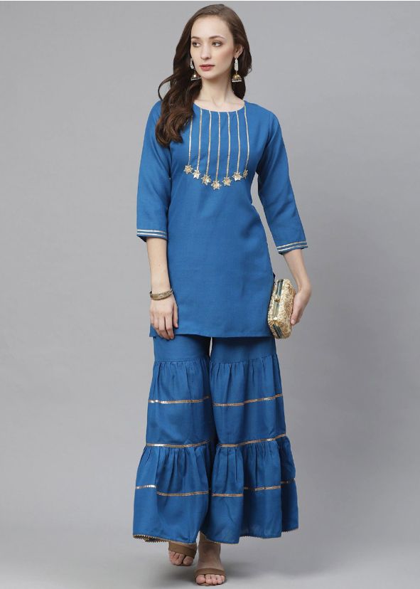 Blue Readymade Gota Patti Laced Kurti With Gharara