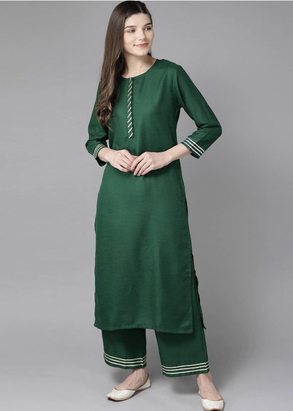 Green Readymade Straight Cut Kurta With Palazzo