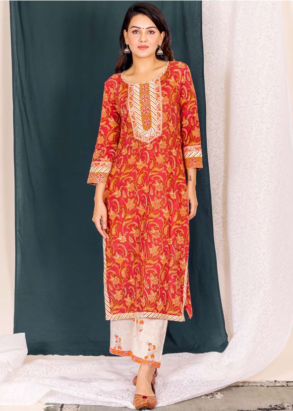 Readymade Block Printed Red Kameez Pant Set