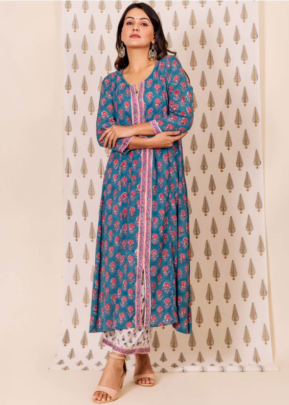 Readymade Blue Floral Kurta Pant Set