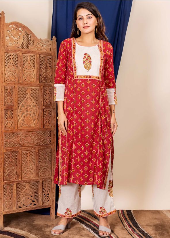 Readymade Blue Floral Kurta Set In Cotton