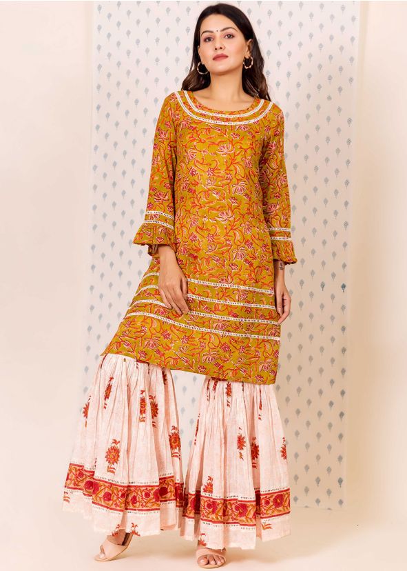 Readymade Yellow Block Printed Kurta Set With Sharara