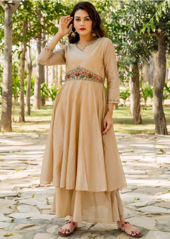 Readymade Beige Anarkali Kurta Set In Chanderi