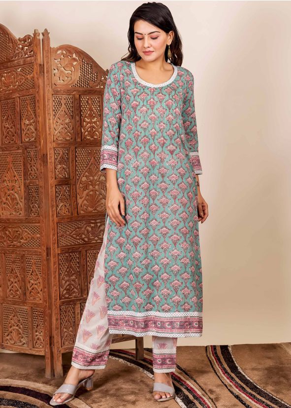 Readymade Green Block Printed Kameez Pant Set