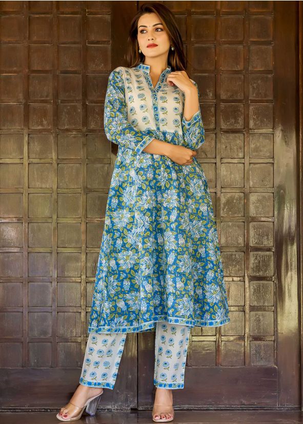 Readymade Blue Hand Block Printed Kurta Pant Set