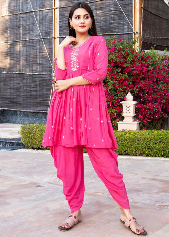 Pink Readymade Kameez With Dhoti Set