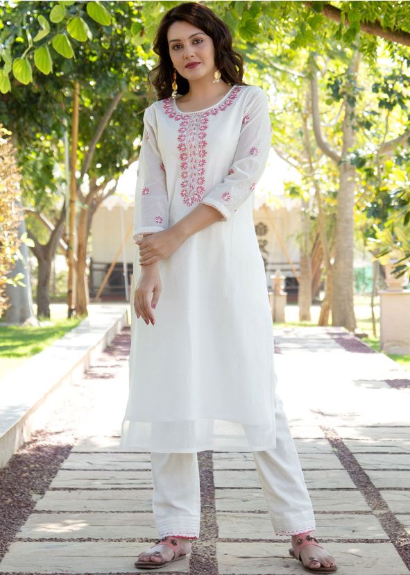 White Embroidered Readymade Chanderi Kurta Set