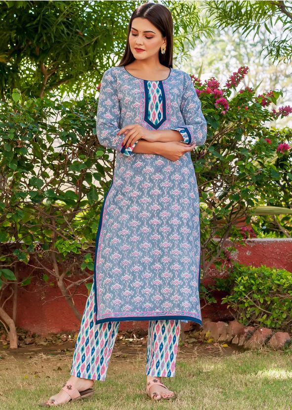 Blue Readymade Block Printed Kurta Set