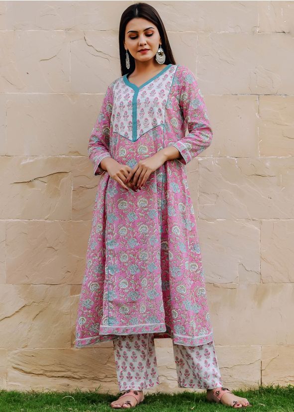 Pink Readymade Floral Printed Kurta Set