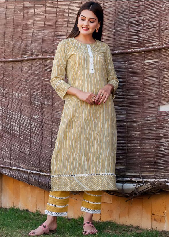 Yellow Readymade Stripes Printed Kurta Set