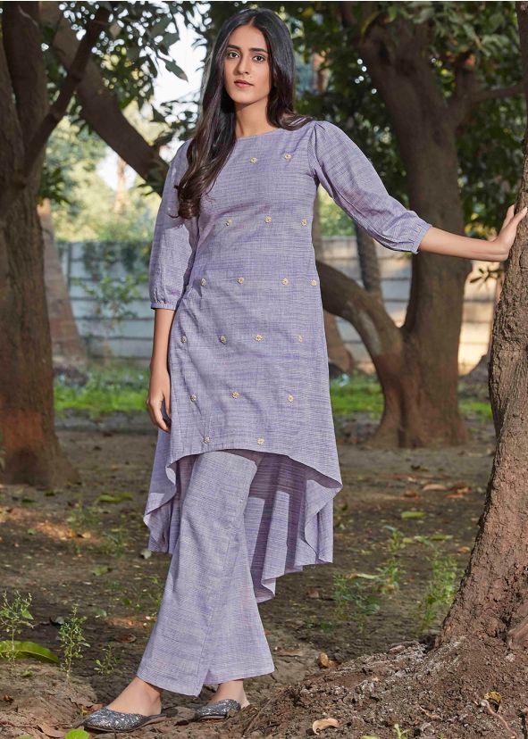 Readymade Purple Kurta Pant Set In Cotton