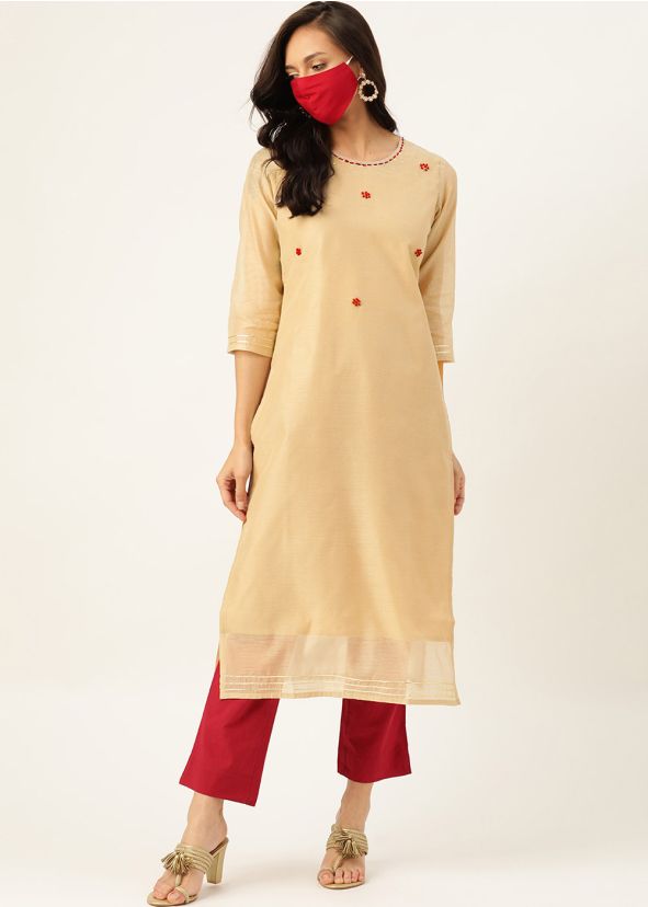 Cream Readymade Kurta With Pant In Chanderi