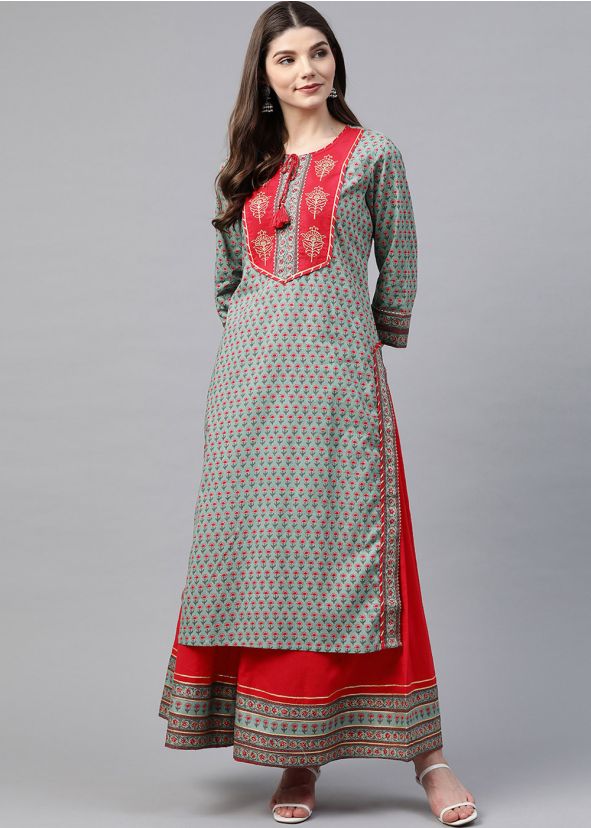 Green Readymade Floral Kameez Palazzo Set