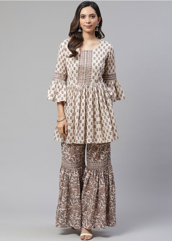 Cream Readymade Printed Kurti Gharara Set