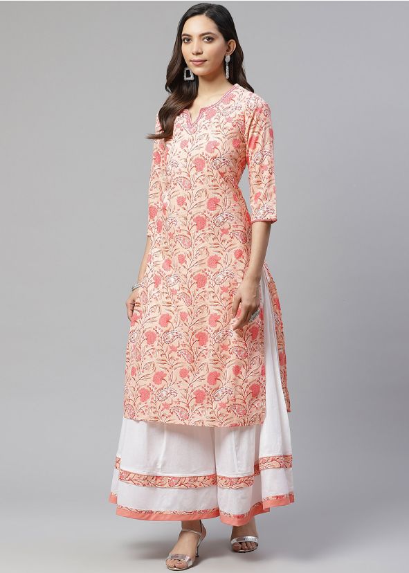 Readymade Peach Kurta Palazzo Set In Cotton