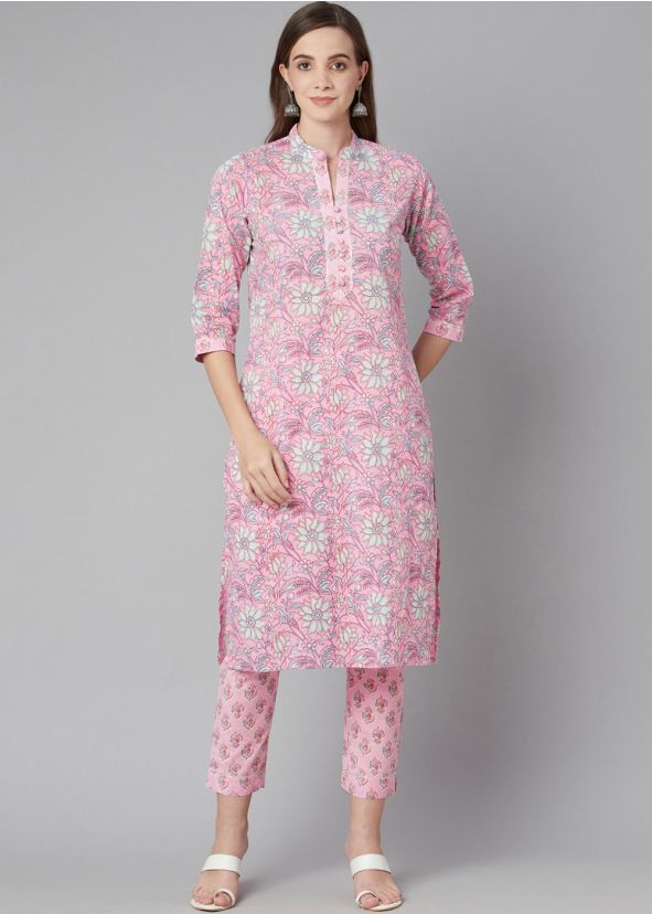 Pink Floral Printed Readymade Kurta Pant Set