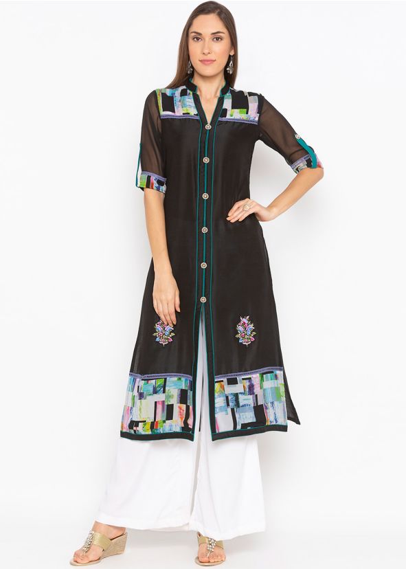 Black Printed Readymade Kurta Set With Front Closure