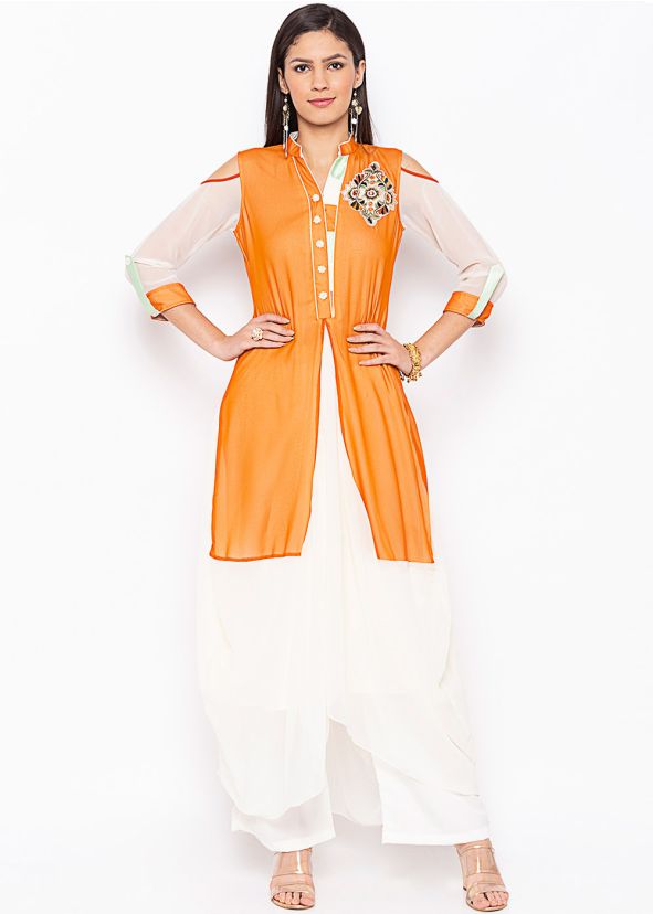 Orange Readymade Suit In Georgette