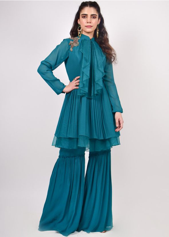 Readymade Blue Peplum Style Kurti Sharara Set