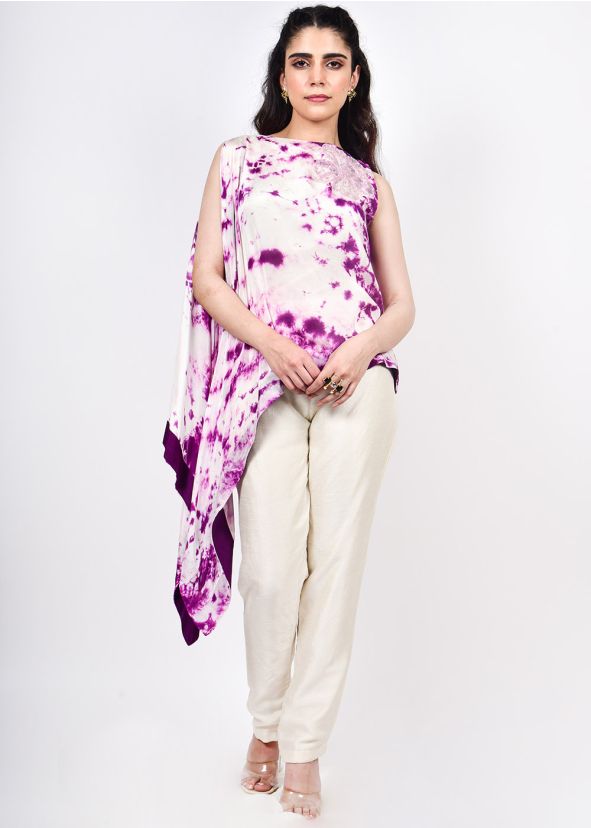 White Tie Dye Printed Asymmetric Tunic With Pant