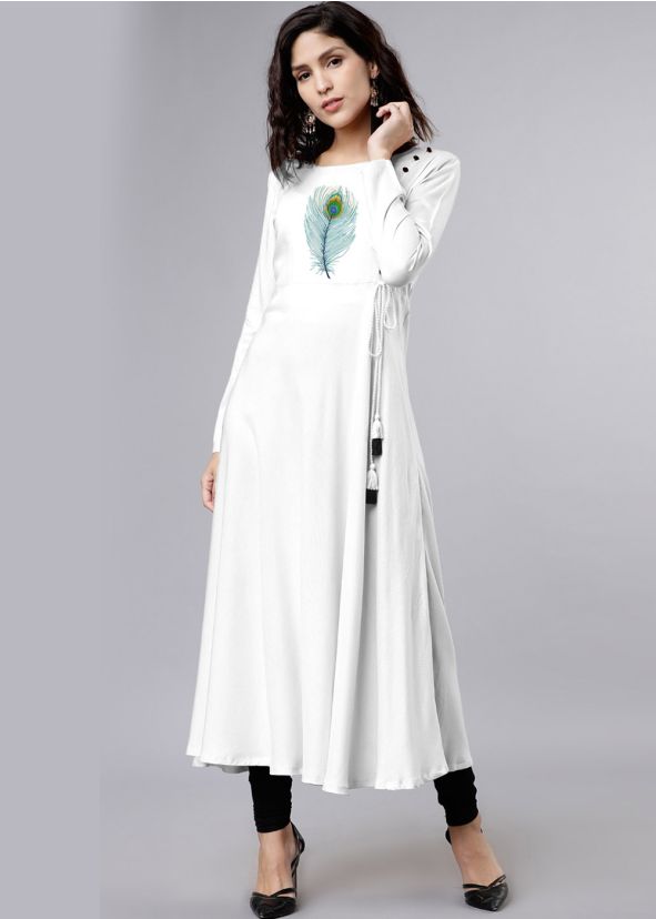 Readymade White Embroidered Kurta Set In Rayon