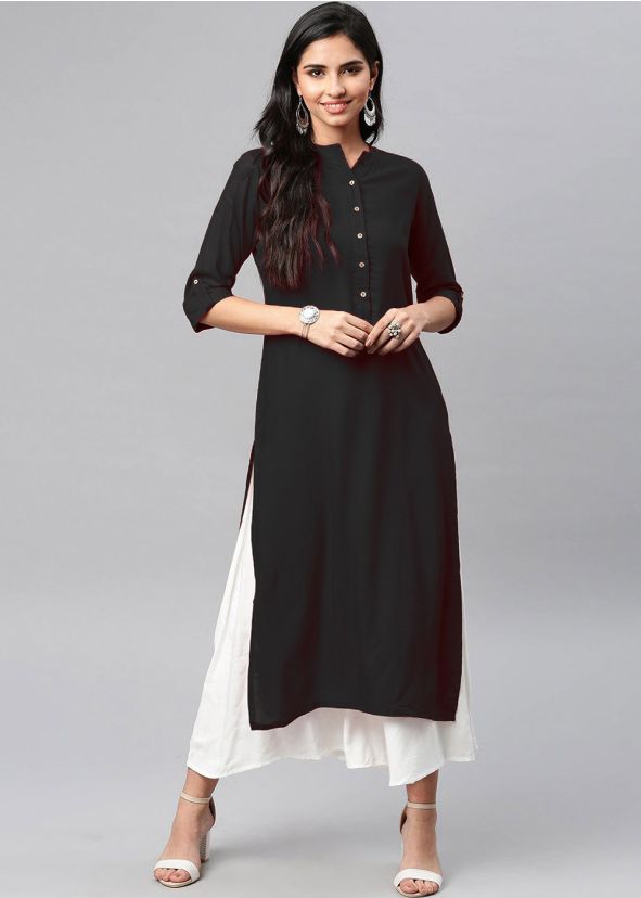 Black Readymade Rayon Kurta Set In Straight Cut