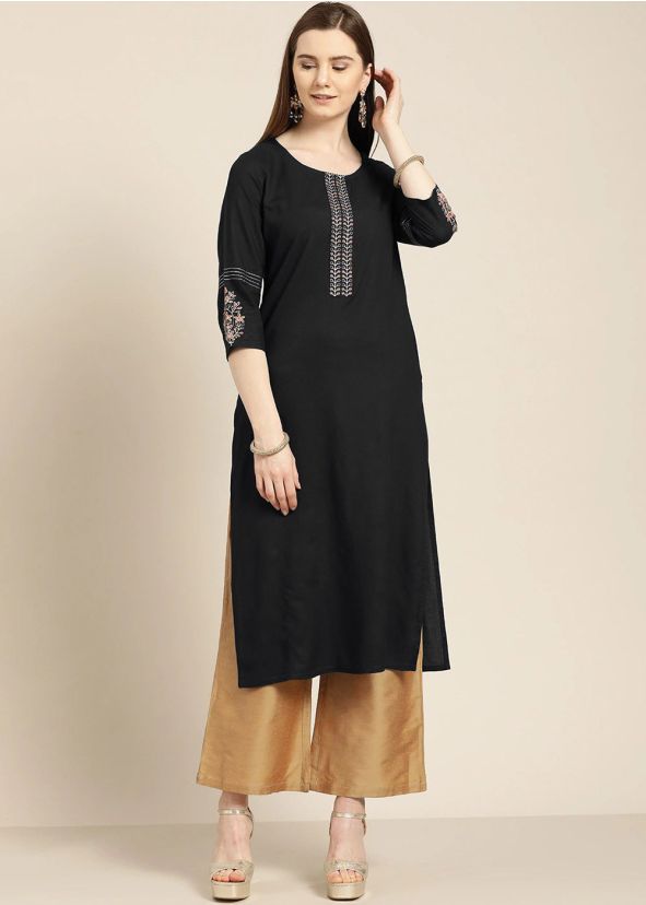 Embroidered Black Readymade Kurta With Palazzo