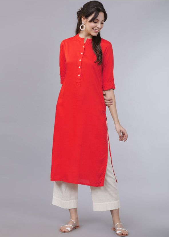 Red Readymade Straight Kurta With Plain Pants