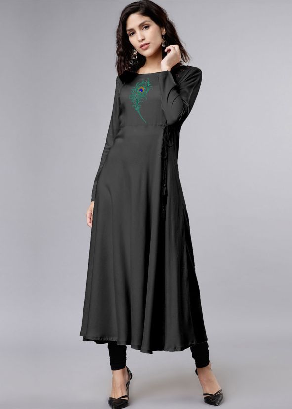 Black Flared Readymade Kurta With Churidar