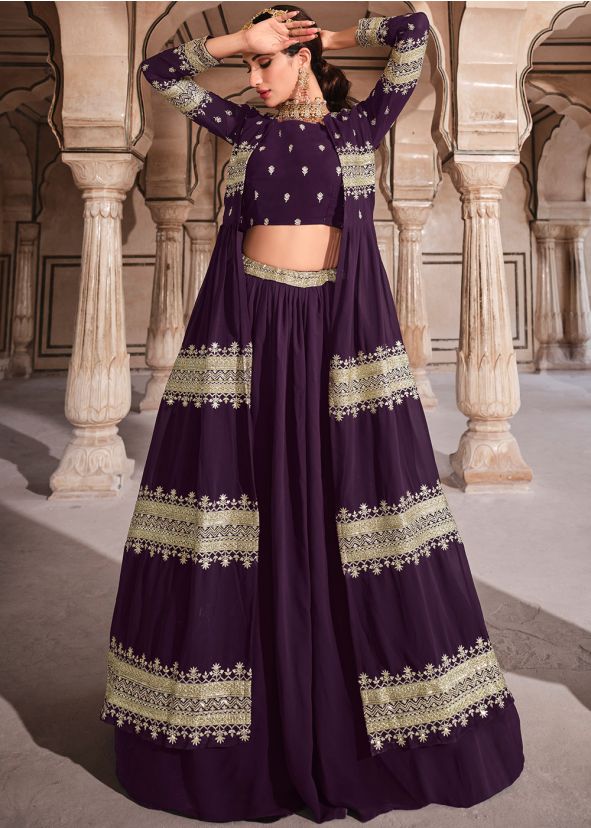 Purple Skirt Top Set With Embroidered Jacket