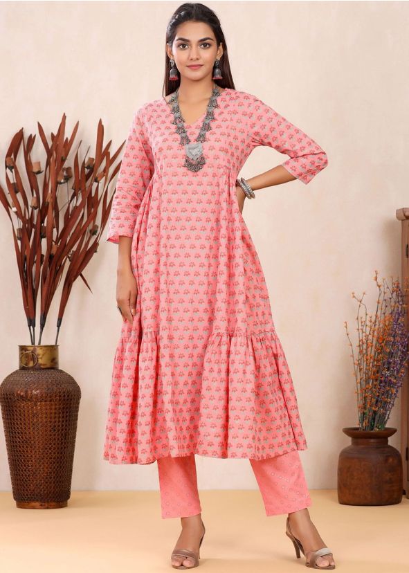 Readymade Peach Printed Kameez Pant Set