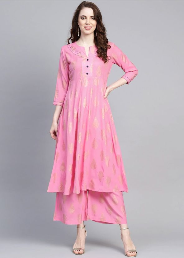 Readymade Pink Printed Kurta And Palazzo Set