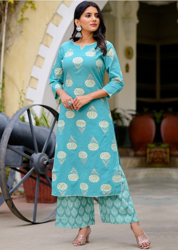 Blue Readymade Floral Printed Kurta And Palazzo