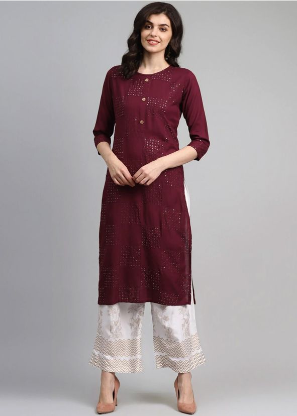 Readymade Maroon Straight Cut Kurta Set