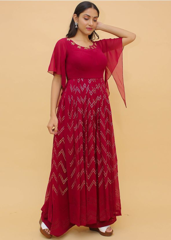 Magenta Foil Print Kurta Set In Georgette