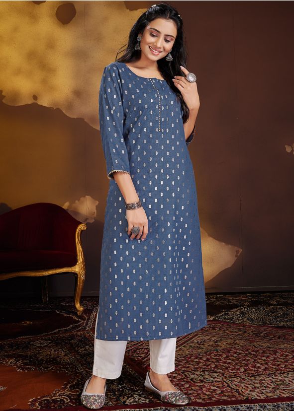 Blue Foil Printed Kurta Pant Set