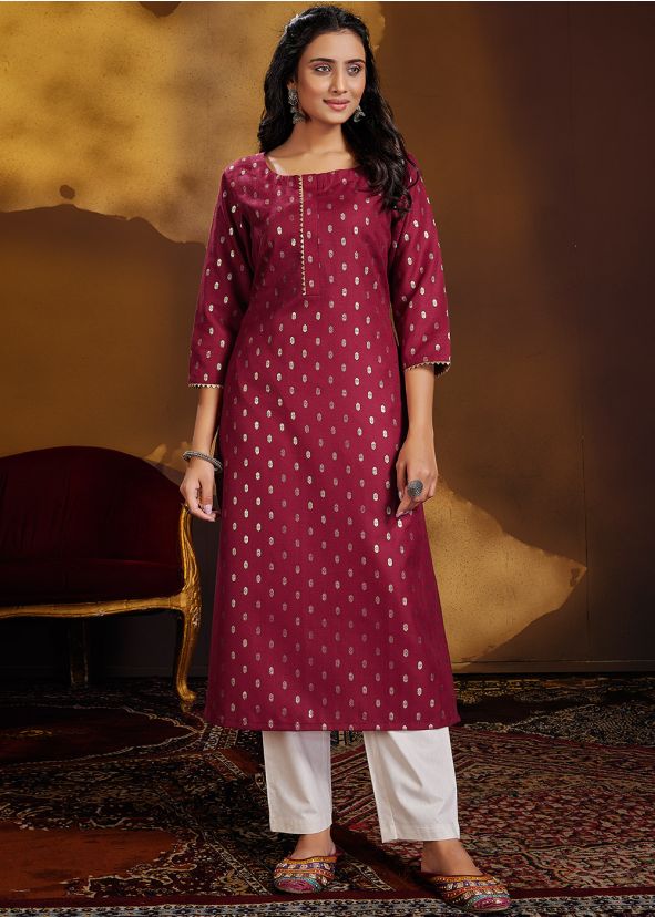 Maroon Foil Printed Kurta With Pant