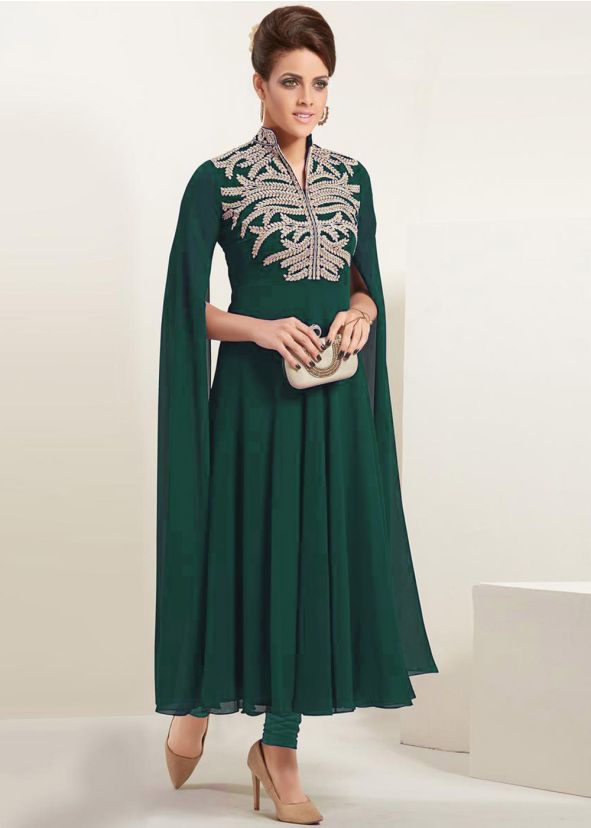 Readymade Green Party Wear Cape Sleeved Kurta Set