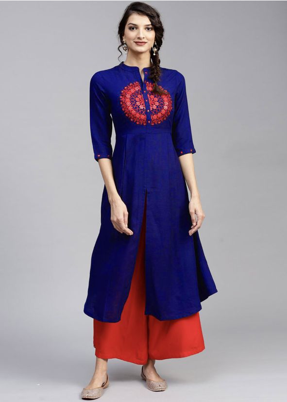 Blue Embroidered Readymade Kurta With Palazzo