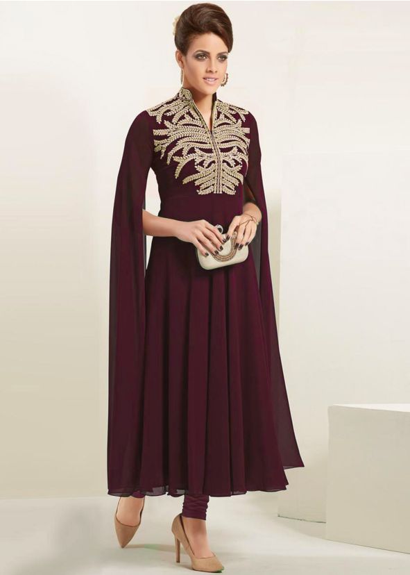 Wine Readymade Party Wear Cape Sleeved Kurta Set