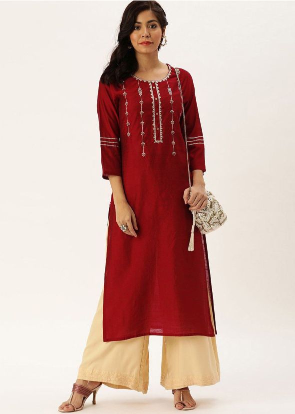 Maroon Embroidered Readymade Kurta With Palazzo