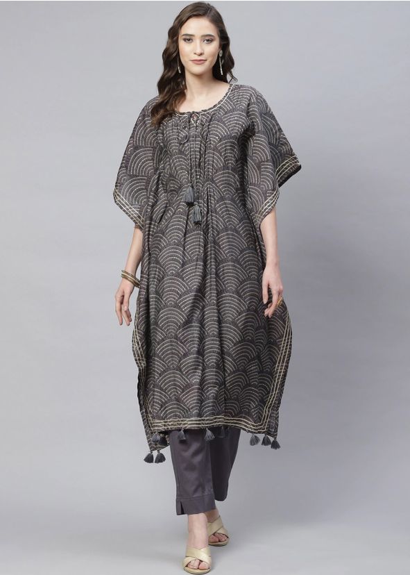 Grey Printed Kaftan With Pant In Rayon