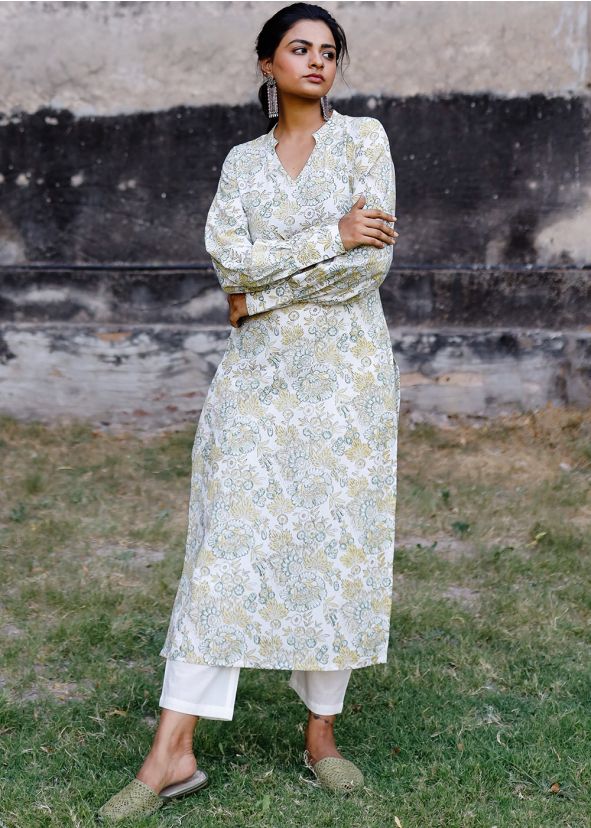 Readymade White Hand Block Printed Kurta Pant Set