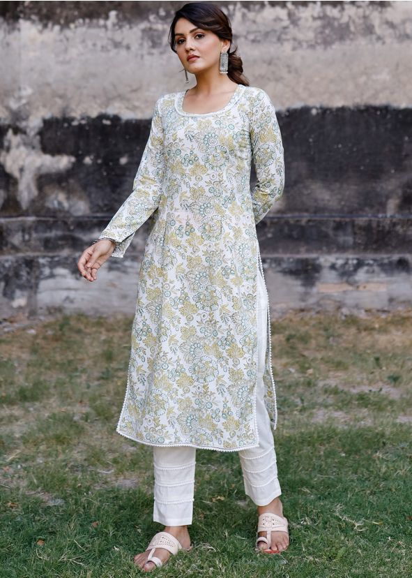 White Straight Cut Kurta Set In Hand Block Print