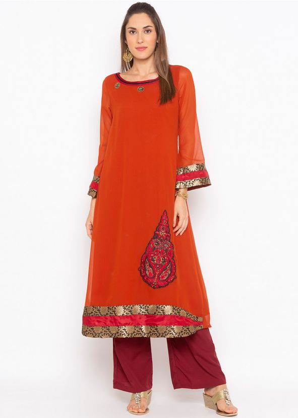 Orange Readymade Embroidered Georgette Kurta And Pant Set