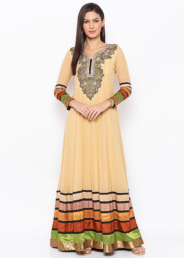 Cream Readymade Hand Embroidered Anarkali Kurta Set