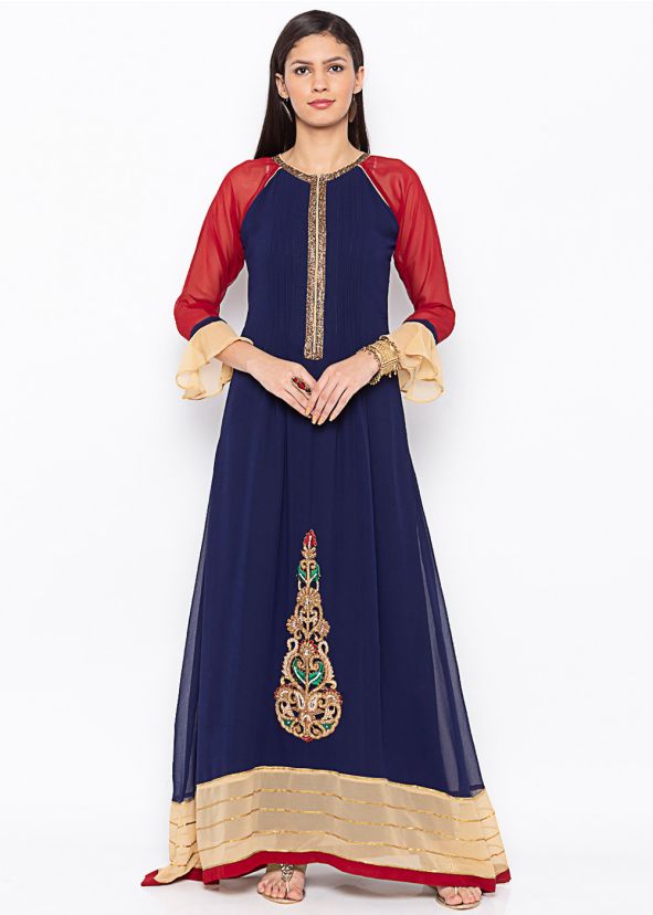 Blue Readymade Embroidered Kurta Set In Georgette